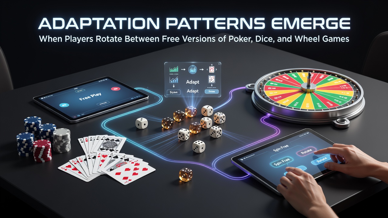Spieler wechseln zwischen kostenlosen Poker-, Würfel- und Radspielen und passen ihre Strategien an