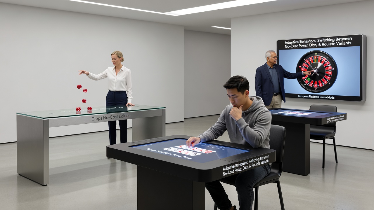 Darstellung von Wechseln zwischen Poker-, Würfel- und Roulette-Simulationen in digitalen Übungsumgebungen
