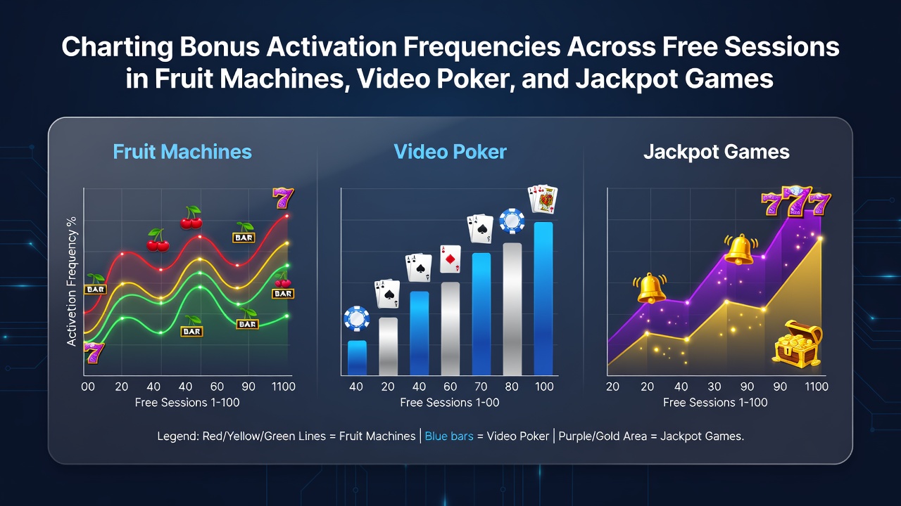 Diagramm zeigt Bonus-Auslösehäufigkeiten in Fruchtmaschinen und Video Poker über mehrere kostenlose Sessions hinweg