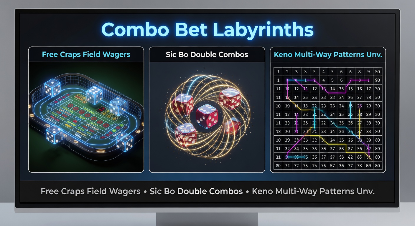 Visuelle Darstellung eines Sic-Bo-Tisches mit hervorgehobenen Double-Combo-Wetten in einem Free-Play-Szenario, inklusive Würfelkombinationen und Auszahlungstabellen