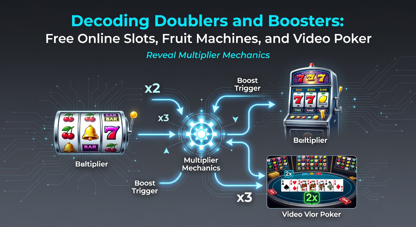 Bunte Darstellung eines Slot-Spiels mit leuchtenden Multiplikator-Symbolen wie Doubler und Booster, die Gewinne vervielfachen