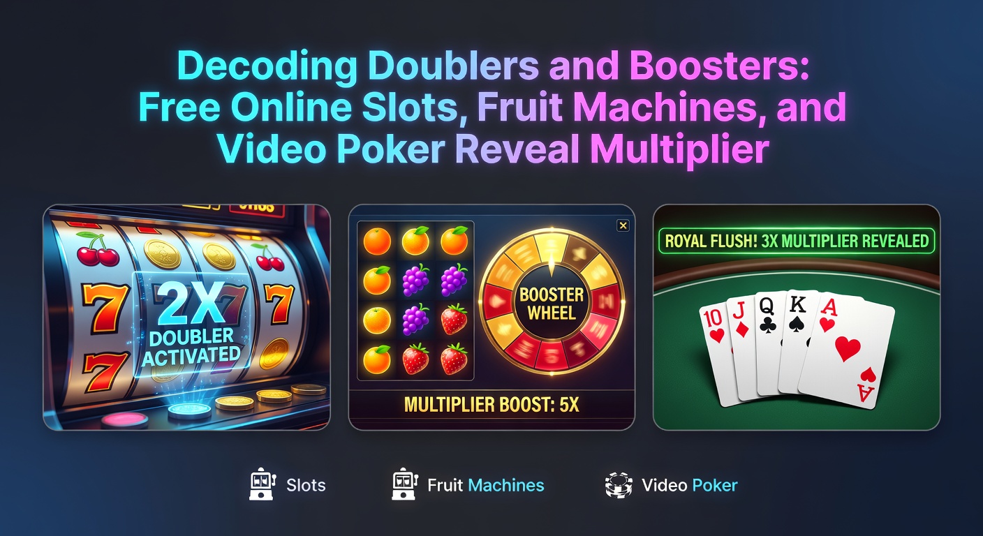 Screenshot eines Video-Poker-Spiels mit Booster-Symbolen, die Punkte und Gewinne boosten, umgeben von Karten und Frucht-Elementen