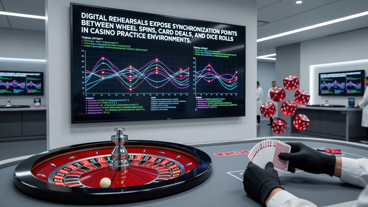 Digitale Casino-Übungsumgebung mit synchronisierten Walzen, Karten und Würfeln auf einem Bildschirm