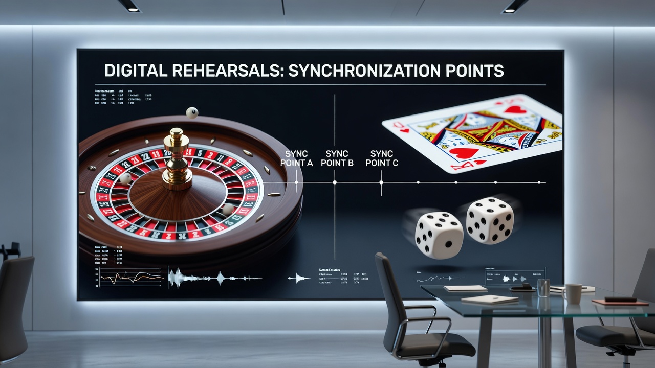 Detailansicht einer digitalen Simulation mit markierten Synchronisationspunkten zwischen verschiedenen Casino-Elementen
