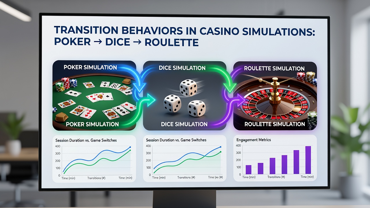 Detailansicht von Übergängen zwischen digitalen Poker-, Würfel- und Roulette-Simulationen