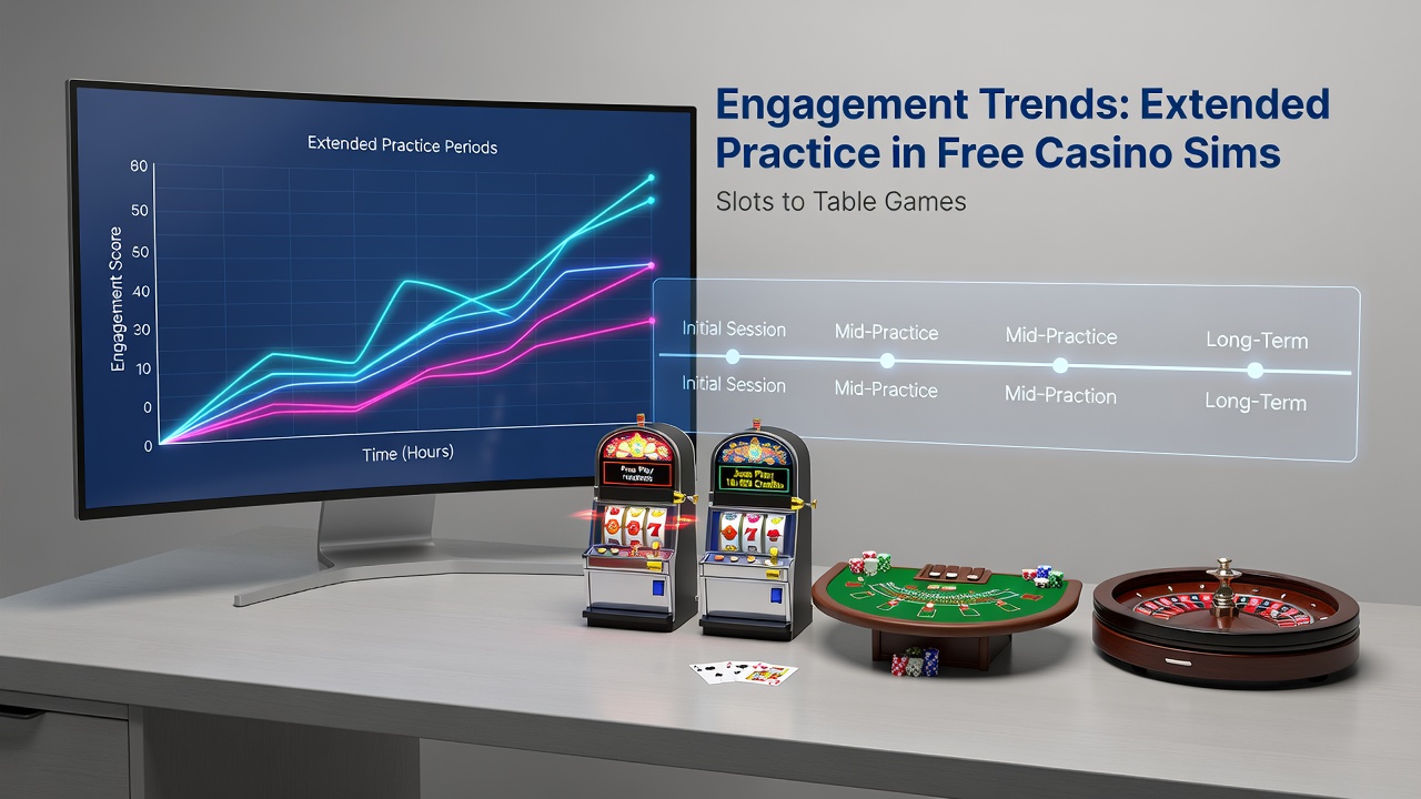 Grafik zeigt Engagement-Muster in kostenlosen Casino-Simulationen über mehrere Wochen hinweg mit farbigen Linien für Slots und Tischspiele